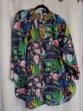 Floral Button-Down Tunic Shirt - Navy Pink Green -